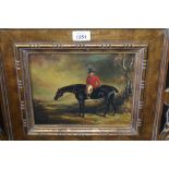 After Ben Marshall, oil on panel, portrait of a horse and rider in a landscape,