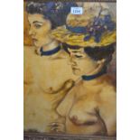 Oil on board, study of two nude ladies, indistinctly signed,