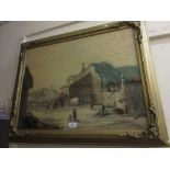 19th Century woolwork picture, figures in a farmstead, 19ins x 25ins,