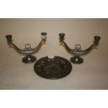 Pair of pewter two branch candle holders by Just and a circular Coalbrookdale cast iron dish