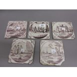 Five various 18th Century Delft pottery tiles