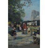 Jules Rene Herve, oil on canvas, view of book stalls beside the River Seine,