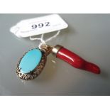 14ct Gold turquoise set pendant together with a coral pendant