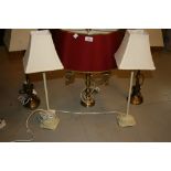 Pair of brass table lamps with shades together with three other table lamps