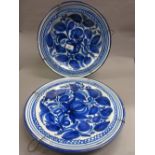 Pair of 19th Century Delft ware plates with blue painted floral decoration, signed verso G.V.C.