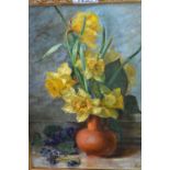 Oil on canvas, still life study with daffodils and violets, indistinctly signed,