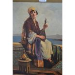 Bridman, oil on canvas, portrait of a lady musician seated on a wall, signed, 19ins x 14.