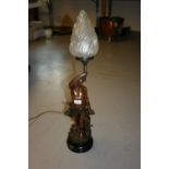 Late 19th Century dark patinated spelter figural table lamp with frosted glass torch form shade