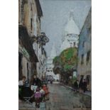 Jules Rene Herve, oil on canvas, Paris street scene with figures and distant view of Sacre Coeur,