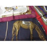 Three silk headscarves with horse related motifs,