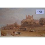 19th Century watercolour, landscape, cattle before river and distant hill top castle, unsigned,