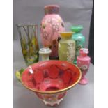 Victorian pink overlay glass floral decorated vase,