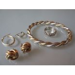 9ct Two colour gold bangle, pair of 9ct gold earrings,