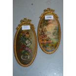 Pair of small gilt framed oval oil paintings on card, landscape and still life,