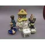 Three various perfume bottles, a miniature porcelain chair, Pratt figure of a boy,