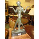 Reproduction Art Deco style green patinated bronze figure of a lady dancer mounted on a black