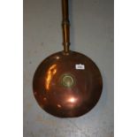 19th Century brass and copper warming pan with turned fruitwood handle