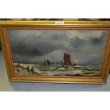 Henri Pitcher, oil on canvas, coastal scene with figures and boats, signed, 10ins x 20ins,