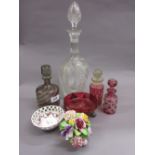 Italian blown glass decanter with stopper of spiral design, two red overlay perfume bottles,