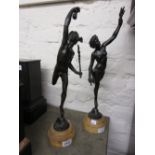 Pair of 19th Century brown patinated bronze figures of Mercury and Venus mounted on circular marble