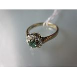 9ct Gold circular emerald and diamond cluster ring