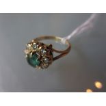 9ct Gold circular emerald and diamond cluster ring