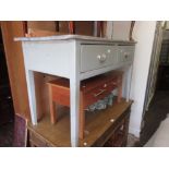 Reproduction grey painted pine two drawer side table raised on square tapering supports