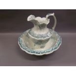 Late 19th or early 20th Century pale green and white transfer printed jug and basin with floral