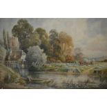 C.J. Keats, watercolour, rural river scene with hay cart and figure in a punt, signed, 12.5ins x 19.