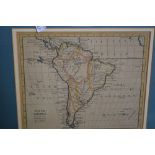 Small framed antique hand coloured map of South America by Kitchen,