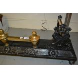 19th Century black painted wrought iron and brass mounted fire kerb