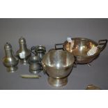 White metal circular pedestal bowl with ring handles,