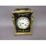 19th Century French ebonised fruitwood and brass mounted mantel clock of rectangular form with