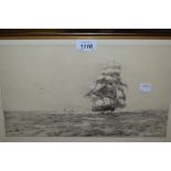 Roland Langmaid, etching, ship in full sail, signed in pencil, 8ins x 13.