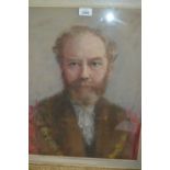 Pastel drawing, head and shoulder portrait of a gentleman wearing a Mayoral chain of office,