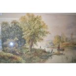 Earp, large gilt framed watercolour, river scene with fishermen and punts, signed,