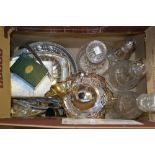 Quantity of miscellaneous plated items together with three cut glass decanters