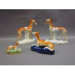 Pair of 19th Century Staffordshire pottery figures of greyhounds (one a/f) together with a