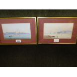 D' Esposito, pair of gouaches, coastal scenes with shipping and buildings, gilt framed, signed, 4.