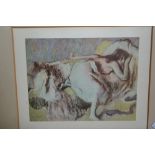 Small framed chromolithograph, a girl on a bed after Degas, set of four framed coloured engravings,