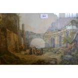 19th Century Continental watercolour, Carthage after Turner with figures, horses and cattle,