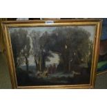 Early 20th Century oil sketch, figures dancing in a woodland, 12.5ins x 15.
