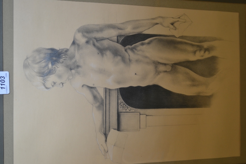 Pencil and white highlighted sketch of a nude male before a fireplace, unsigned,