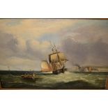 Circle of George Clarkson Stanfield, oil on canvas, shipping off a harbour entrance, 26ins x 40ins,