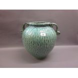 Large 20th Century Chinese pottery two handled vase with green mottled decoration