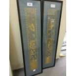 Pair of 19th Century Chinese gold thread work sleeve panels, ebonised frame,