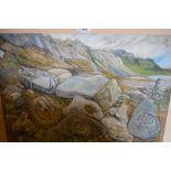 Hilary Hennes, watercolour, coastal scene with fossils to the foreground, signed,