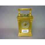 Small late 19th Century gilt brass carriage clock with Corinthian corner pilasters,