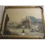 19th Century woolwork picture, figures in a farmstead, 19ins x 25ins,