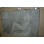 Pre-Raphaelite style charcoal drawing, reclining female figure study, 14.5ins x 21.